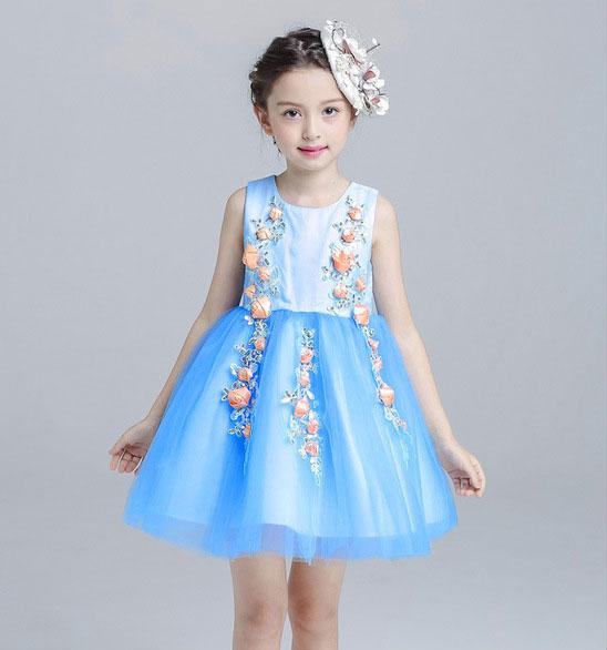 Summer 2017 Birthday Party Dress 4-12T Blue Color Flower Girls Princess Dress For Wedding Children's Clothing for Teenager Girls