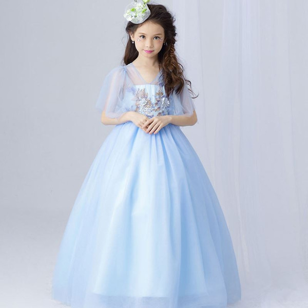 Light Blue Elegant Tulle Lace Girl Wedding Dress Ankle Length Appliques Bead Kids Party Prom Dress First Communion Dresses