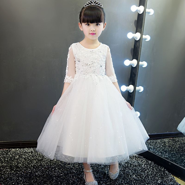 Elegant White Lace Flower Girl Wedding Dress Sequin Appliques Party Tulle Princess Birthday Dress Half Sleeve First Communion Gown