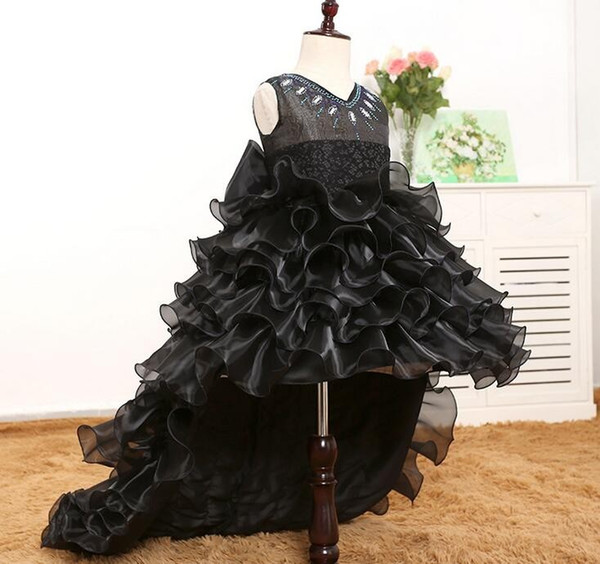 Train Tail Girls Black Tutu Dress V-Neck Baby Bridesmaid Flower Girl Dress Tulle Ball Gown Kids Halloween Evening Party Dresses