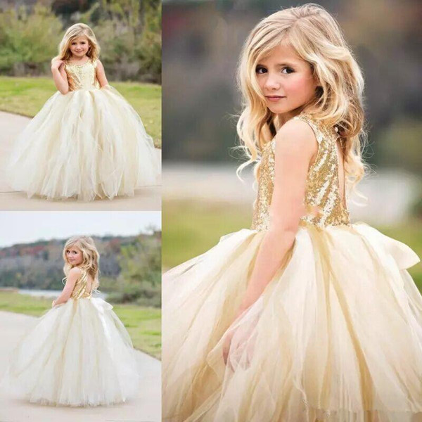 Princess Sequined Top Flower Girls Dresses For Weddings Tulle Girls Pageant Ball Gowns Hollow Back Jewel First Communion Dresses Cheap