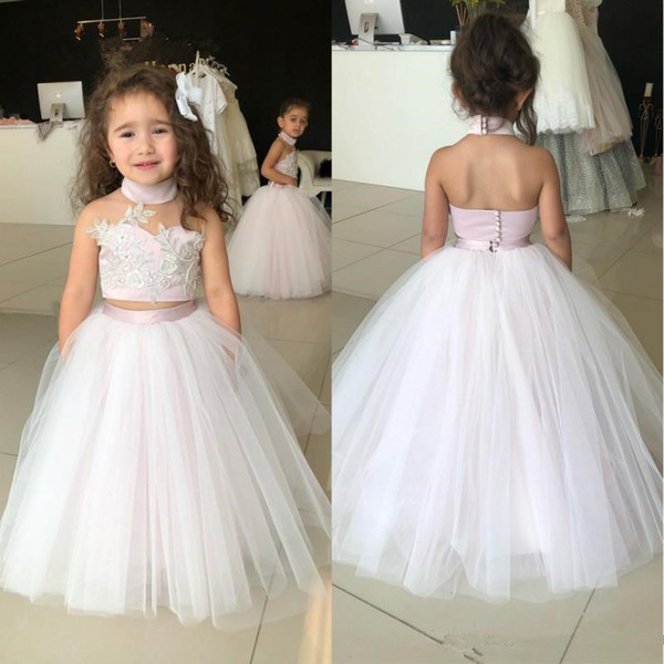 Princess Cute Pink Two Pieces High Neck Flower Girls Dresses Tulle Lace Applique sarahbridal Full Length Party Gowns For Weddings 