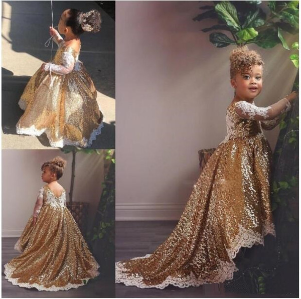 Gold Sequined High Low Girls Pageant Gowns with Lace Sheer Long Sleeves Sweep Train Baby Flower Girl Dresses For Wedding Custom Made