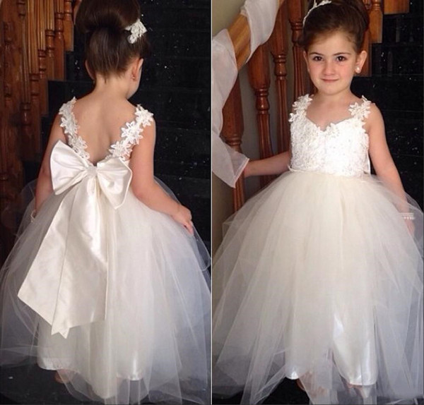 New Flower Girls Dresses For Weddings Tulle V Neck Lace White Ivory Sashes Bow Party Cheap Princess Children Kids Party Birthday Gow