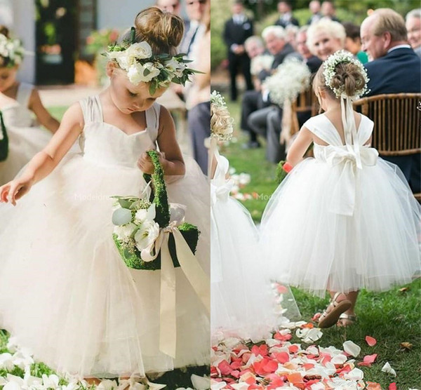 Lovely Flower Girl Dresses Tulle Ball Gowns Back Bow Ankle Length Backless Girl First Communion Dresses Holy Cheap Child Birthday Party Gown