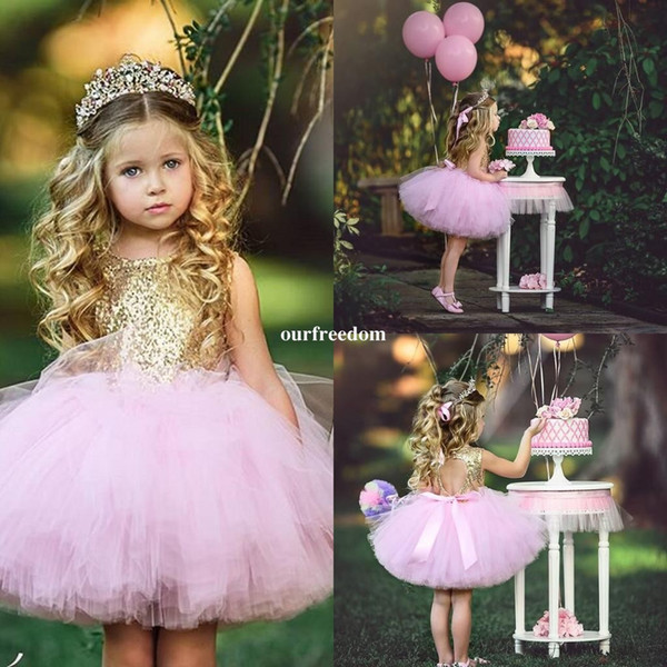 Rose Gold Sequins Pink Tulle Flower Girls Dresses Jewel Neck Short Cute Kids Pageant Gown First Communion Dresses Custom Made Cheap Hot