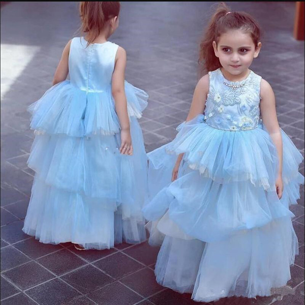 Cheap Flower Girls Dresses For Weddings Jewel Appliques Lace Beads Tiered Girls Pageant Dress Floor Length First Communion Gowns