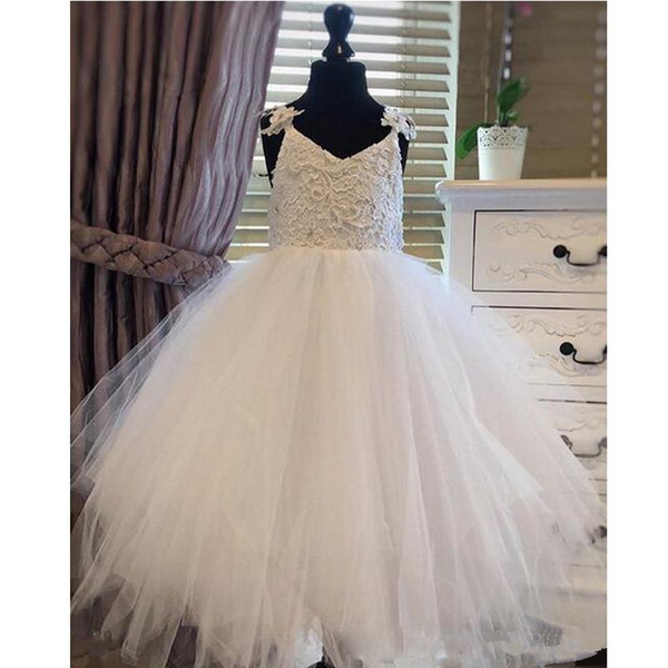 Lovely Layered Skirt Flower Girl Dresses For Wedding White Ball Gown Spaghetti Strap Bead Girls Pageant Gown Tulle Kids Communion Dress