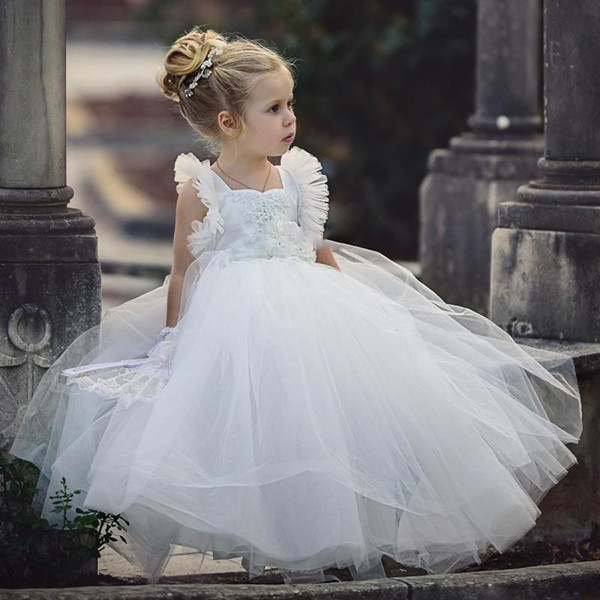 Cute White Ball Gown Flower Girl Dresses Handmade Flower Baby Birthday Party Gowns Children Formal Party Dress