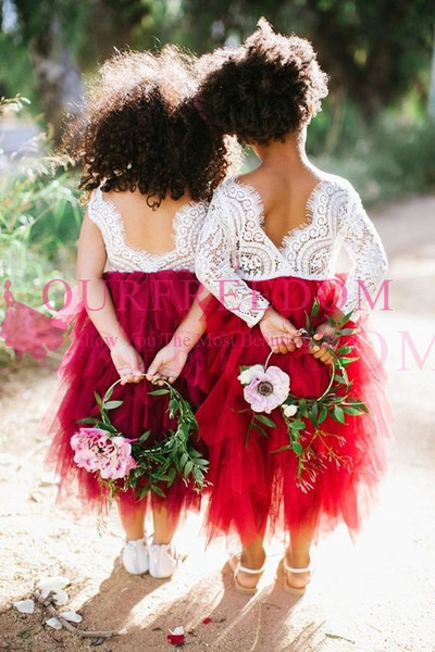 Cute Lace Flower Girls Dresses Tiered Skirts Dark Red Tea Length Lace First Communion Dresses Girls Pageant Gown For Country Wedding