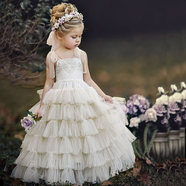 Newest Flower Girl Dresses for wedding ball gown beaded spaghetti straps Tiered Christmas Communion Dresses Children Girl Party Dresses