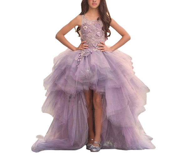 Cheap Lavender High Low Girls Pageant Gowns Lace Applique Sleeveless Flower Girl Dresses For Wedding Purple Tulle Puffy Kids Communion Dress