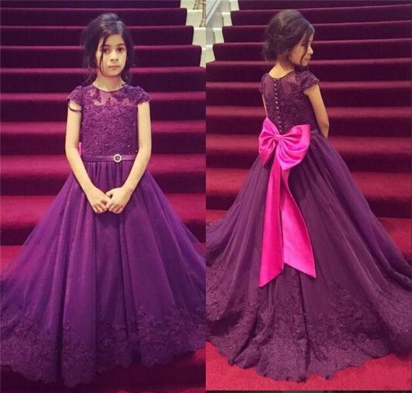 A Line Purple Long Flower Girls Dresses Jewel Short Sleeves Beaded Appliques Girl's Pageant Dress With Bow Sashes Girls Gown