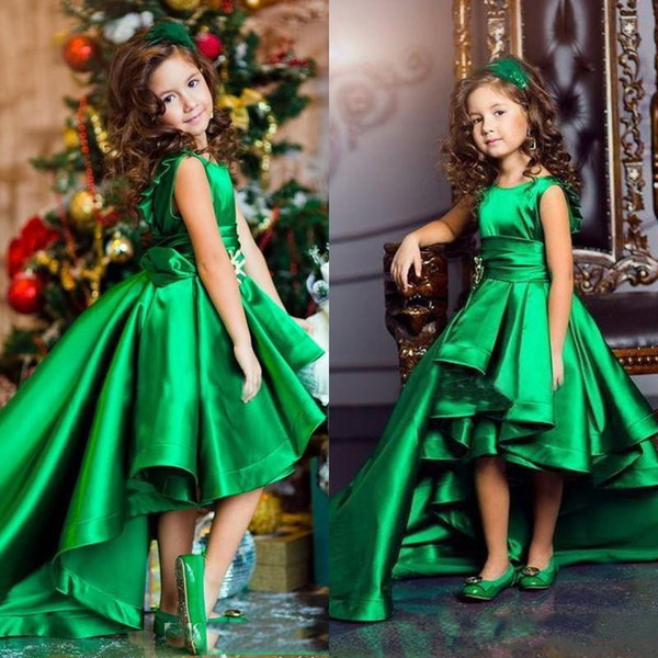 2017 Emerald Green Girls Pageant Dresses Jewel Neck Sleeveless Ruffles High Low Short Front Long Back flower girl dresses for weddings