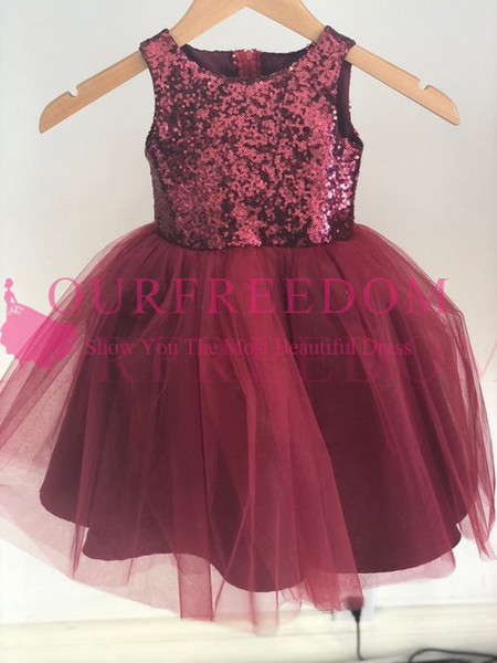 Lovely Jewel Neck Flower Girls Dresses Burgundy Tulle Sequins A Line First Communion Dresses Girls Pageant Gown Custom Made