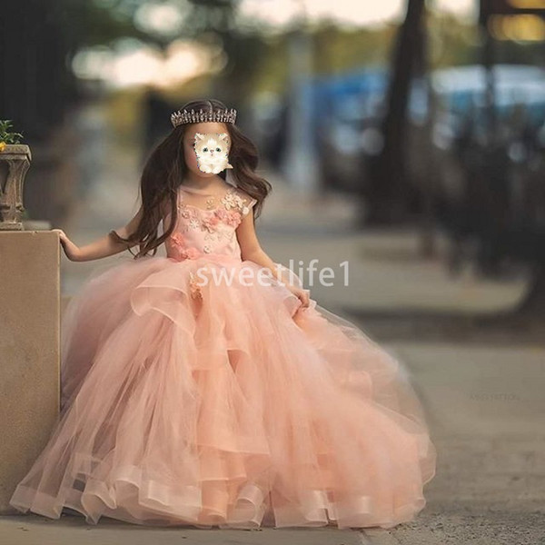 vestido daminha Coral Flower Girl Dresses Floral Applique O-Neck Fluffy Girl's Birthday First Communion Dresses for Girls Cute