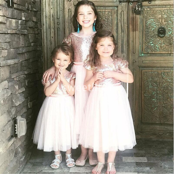 Cute Pink Sequins Short Sleeve Flower Girls Dresses Tea Length Tulle First Communion Dresses Girls Pageant Gown Custom Made