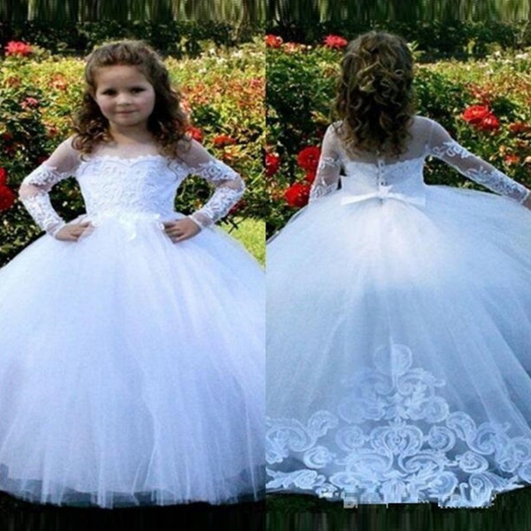 Hot sale Cheap Blush Pink Flower Girls Dresses Long Sleeves For Weddings Lace Appliques Ball Gown Birthday Girl Communion Pageant Gowns