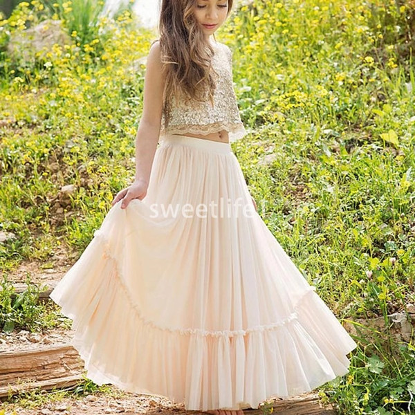 Blush Two Piece Shining Sequins Flower Girls Dresses A Line Floor Length Chiffon Pleats First Communion Dresses Girls Pageant Gown