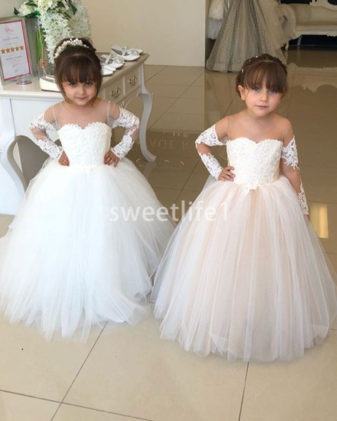 Elegant Long Sleeve Flower Girls Dresses Lace Applliques Floor Length First Communion Dresses Girls Pageant Gown Custom Made