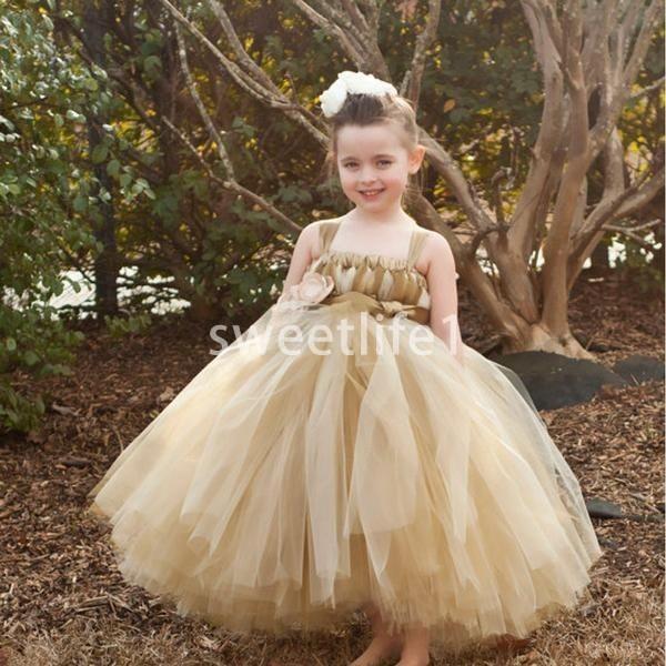 Cute Champagne Tulle Flower Girls Dresses Spaghetti Strapless A Line Puffy Tulle First Communion Dresses Girls Pageant Gowns Custom