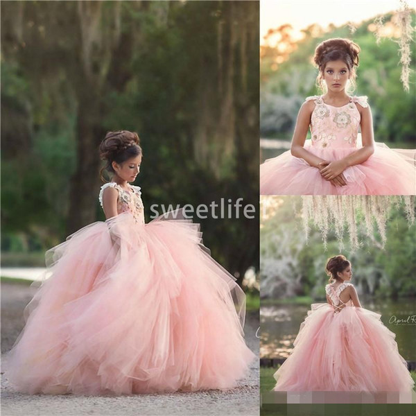 Lovely Pink Princess Girls Pageant Dresses Ball Gown Appliques Spaghetti Straps Layers Long Kids Formal Gowns Birthday Prom