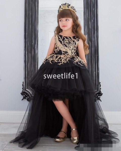 Black Hi Low Flower Girls Dresses Gold Appliques A Line Sweep Train First Communion Dresses Girls Pageant Gown Custom Made