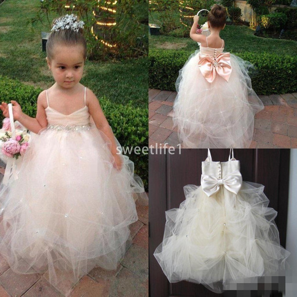 Flower Girl Dresses Spaghetti Straps Sleeveless Sequins Sash Ball Gown Tulle Zipper Bowknot Girls Pageant Dresses