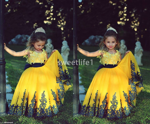 Said Mhamad Lovely Yellow and Black Appliques Flower Girl Dress With Waistband Floor Length Girls Pageant Gown First Communion Dresses