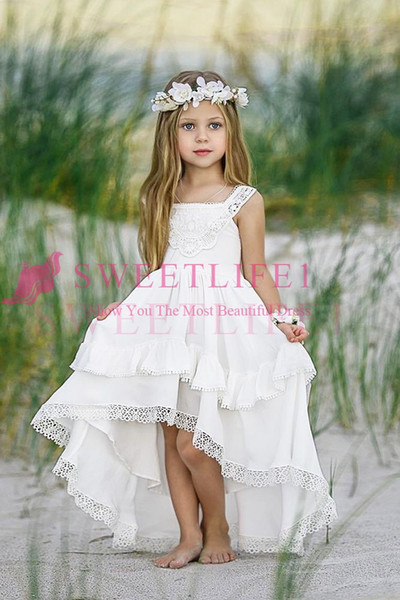 New Lovely White Flower Girls Dresses Lace Appliques Hi Low Frist Communion Dresses Girls Pageant Gown Custom Made