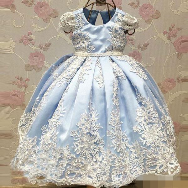 Adorable Light Sky Blue Princess Flower Girl Dresses Cap Sleeve Crew Neck Appliques First Communion Toddler Dress With Big Bow