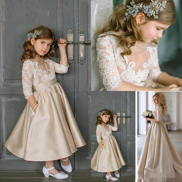 Champagne Flower Girls Dresses with 3/4 Sleeves Illusion Jewel Neck Lace Applique Children Birthday Dresses Ankle Length Girls Pageant Gowns