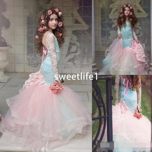 Gorgeous Pink Mermaid Flower Girls Dresses Lace Long Sleeves Tired Tulle Pageant Gowns for Little Girl Children Party Dresses