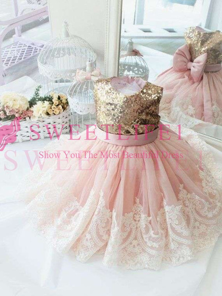 Lovely Pink Gold Sequins Flower Girls Dresses Back Cover Bow Puffy A Line First Communion Dresses Girls Birthday Gowns Custom Made