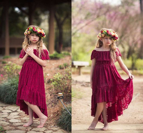 Cute Dark Red Off The Shoulder Flower Girls Dresses Tea Length A Line Short Sleeve Full Lace First Communion Dresses Girls Pageant Gown