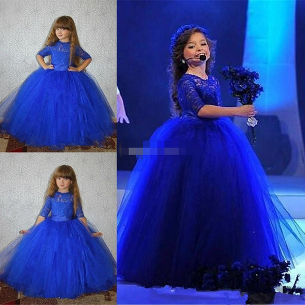 Royal Blue Ball Gown Flower Girl Dresses with Half Sleeve Lace Appliques Tulle Sweet Kids princess Formal Wear Pageant Girl Dresses