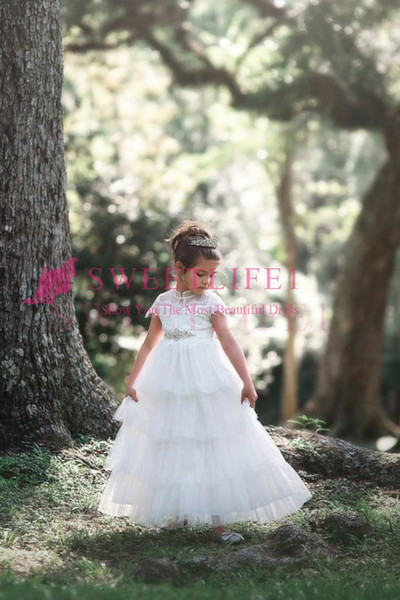 Adorable High Neck White Lace Flower Girls Dresses Short Sleeve Beaded Sashes A Line Floor Length Tiered Skirts First Communion Dresses