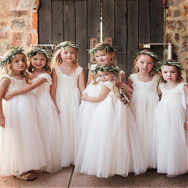 White Bohemian Style Flower Girls Dresses Scoop Neck Backless Tulle Floor Length First Communion Dresses Girls Pageant Gown Custom Made