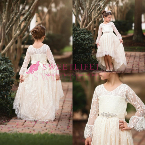 Cute Ivory Lace Flower Girls Dresses Hi Low Long Sleeve First Communion Dresses Girls Pageant Gown For Country Style Custom Made