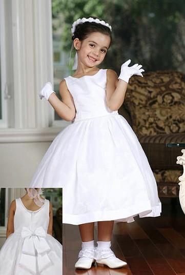 White Cute Flower Girls Dresses For Wedding Back Cover Bow Knot Tea Length A Line First Communion Dresses Girls Pageant Gown Cheap