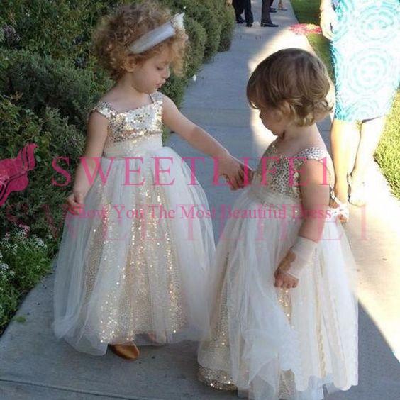 Cheap Gold Sequins Flower Girls Dresses Spaghetti Straps A Line Tulle Gils Pageant Gown First Communion Dresses Cheap Hot Sale