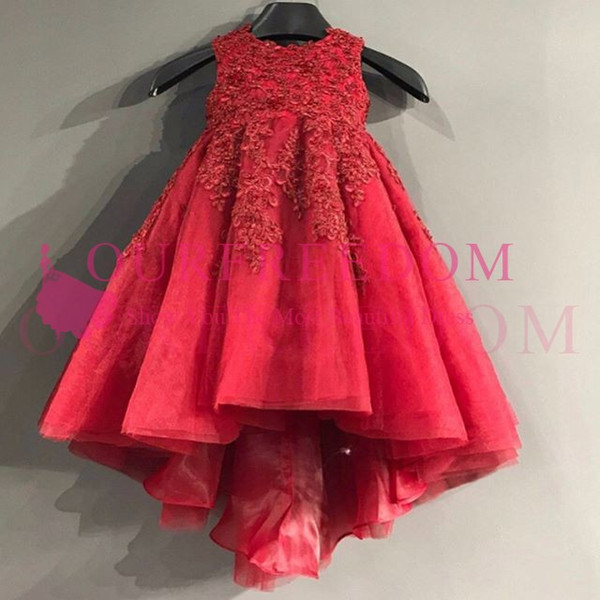 Cute Red Hi Low Flower Girls Dresses Appliques Details A Line First Communion Dresses Girls Pageant Gown Custom Made Hot Sale