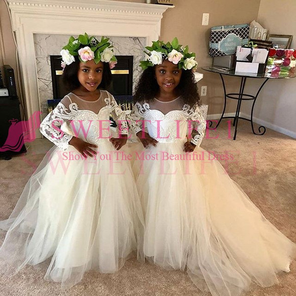 Princess Ball Gown Flower Girls Dresses Long Sleeve Appliques Tulle Zipper Back Girls Pageant Gown First Communion Dresses Custom Made