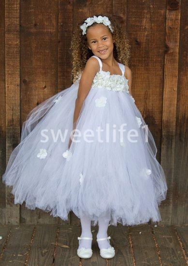 2022White New Puffy Tulle Spaghetti Straps Flower Girls Dresses A Line Ankle Length First Communion Dresses Girls Pageant Gown Cheap