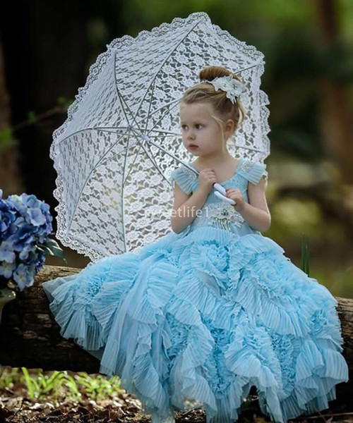 Lovely Blue Scoop Neck Flower Girls Dresses Ruffles Tiered Skirts A Line Cape Sleeve First Communion Dresses Girls Pageant Gown