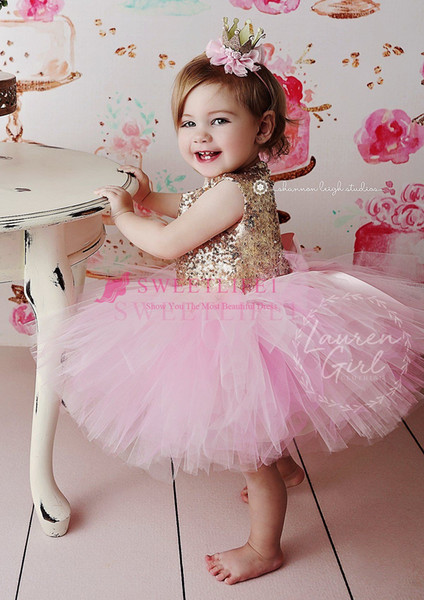 Newly Gold Sequins Tutu Flower Girls Dresses Puffy Princess Short Mini Girls Birthday Dresses First Communion Dresses Custom Made