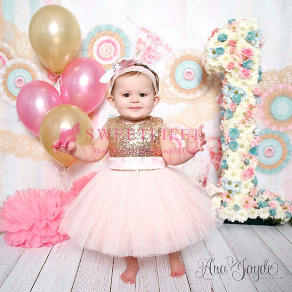 Cute Light Pink Flower Girls Dresses Gold Sequins Puffy Tulle Ball Gown Tea Length Birthday Drsses Girls Pageant Gown Custom