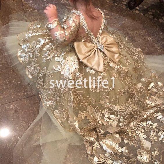 Lovely Gold Appliques Lace Flower Girls Dresses Big Bow Perals Hi Low First Communion Dresses Girls Pageant Gown Custom Made