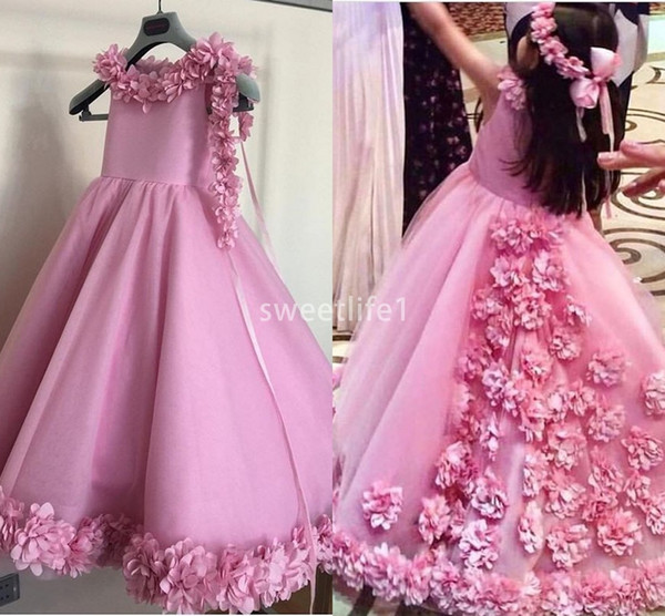 Cute Hot Pink 3D Flora Appliques Flower Girls Dresses Jewel Neck A Line First Communion Dresses Girls Pageant Gown Custom Made