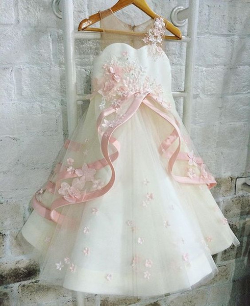 Cute Jewel Neck Flower Girls Dresses Pink Flower Lace A Line First Communion Dresses Gilrs Pageant Gown Birthday Party Dresses Custom